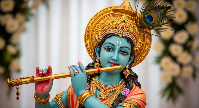 Divine blue-skinned Hindu deity Krishna with a peacock feather, playing the bansuri for a celebration like Janmashtami - Powered by Adobe