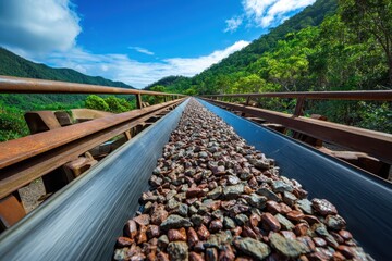 Conveyor moves stone through mountains on a sunny day. Great for industry imagery