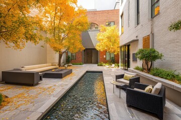 Cozy outdoor courtyard with modern furniture, autumn trees, for relaxation & living