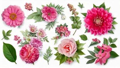 Set of floral elements. Flower and green leaves. Wedding concept - flowers. Floral poster, 