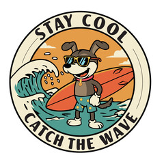 Cool Surfing Dog Mascot – Retro Summer Beach Cartoon with Wave and Surfboard