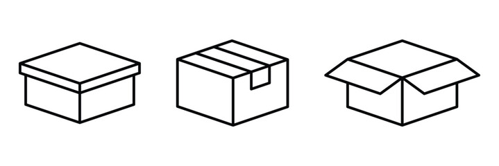 Box icon set. Product package cardboard shipping parcel box icon collection. Open and close outlined carton box vector sign. Open empty cube package. Vector illustration. EPS 10