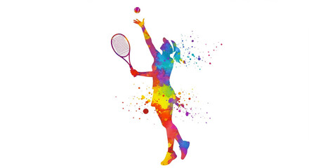 Colorful tennis player silhouette. A flat color image of a woman playing tennis consisting of spots, splashes and drips of paint.