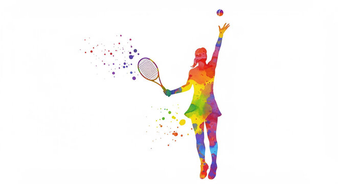Colorful tennis player silhouette. A flat color image of a woman playing tennis consisting of spots, splashes and drips of paint.