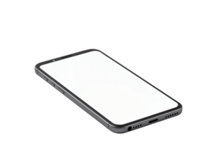 Modern smartphone with a blank white screen tilted at an angle isolated on transparent background