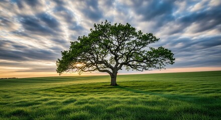 Obraz premium Sunrise Over Lone Tree in Green Field