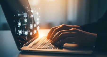 Typing on Laptop Connecting to Digital Network and Data Transfer Concept