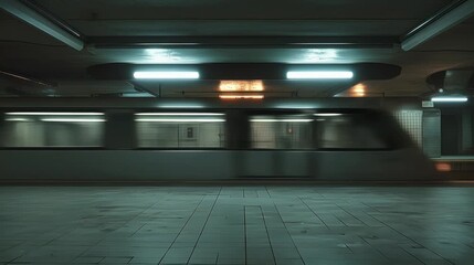 Small train speeds through empty subway at night - Powered by Adobe