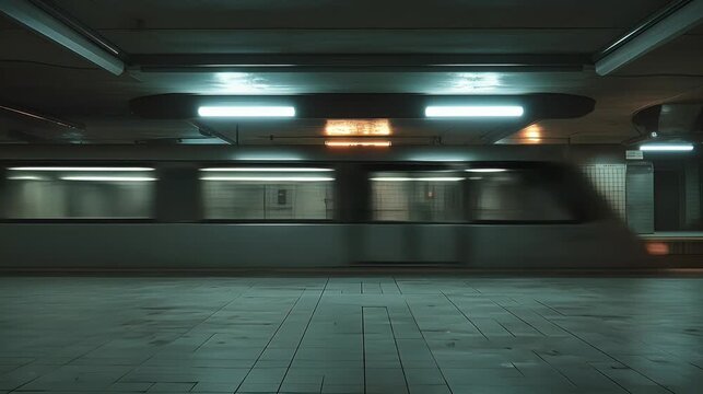 Small train speeds through empty subway at night