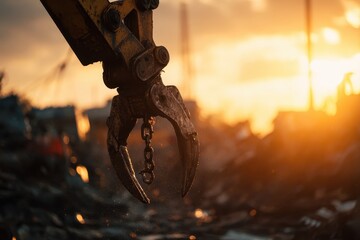 Excavator claw grabs rubble at demolition site with sunset. For construction industry