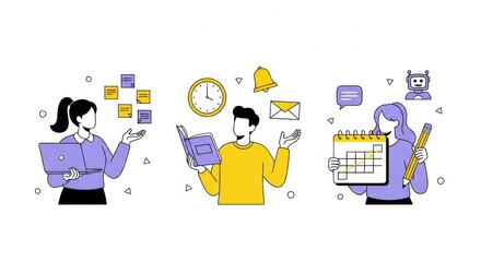 Conceptualizing productivity through organization, technology, and time management illustrations
