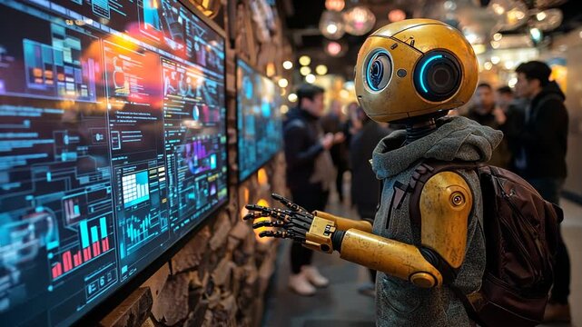 Golden robot in gray hoodie with backpack studying data visuals on high-tech screen for AI technology futuristic exploration innovation intelligence urban digital learning concept.