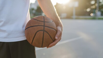 Male athlete holding a basketball on an outdoor court, preparing for a game at sunset.