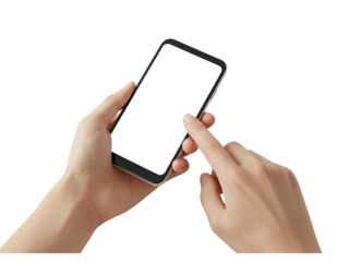 Close up of a person s hands holding and touching a modern smartphone with a blank white screen isolated on transparent background