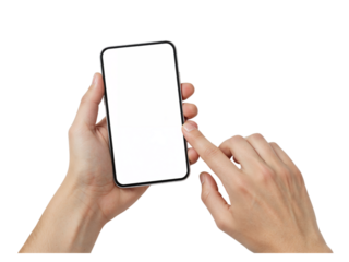 Close up of a person s hands holding and touching a modern smartphone with a blank white screen isolated on transparent background