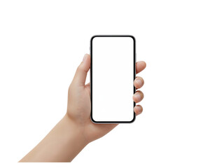 Human hand holding a modern smartphone with a blank gray screen for customization isolated on transparent background