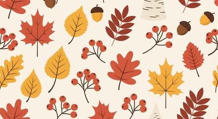 seamless pattern featuring various autumn elements like leaves, acorns, pine cones, and red berries on a reddish-brown background. Ideal for fall-themed fabric, wallpaper, and digital projects