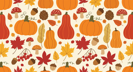 seamless pattern featuring various autumn elements like leaves, acorns, pine cones, and red berries on a reddish-brown background. Ideal for fall-themed fabric, wallpaper, and digital projects