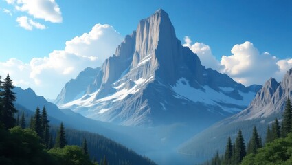 Obraz premium Majestic Snow Capped Mountain Peak Surrounded by Lush Green Valleys and Dramatic Clouds