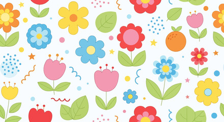 seamless pattern with a playful and cheerful design of colorful flowers and abstract shapes in colorful shades on a white background. Perfect for textile and kids paper products