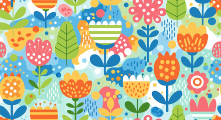 seamless pattern with a playful and cheerful design of colorful flowers and abstract shapes in colorful shades on a white background. Perfect for textile and kids paper products