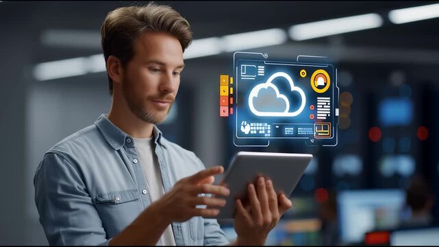 Technician Managing Cloud Migration Process with Digital Tablet