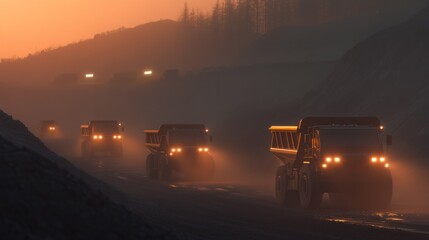 Heavy duty vehicles on mining road at dawn