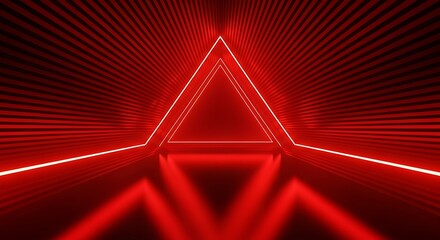 Futuristic red neon triangle tunnel with geometric patterns and reflections