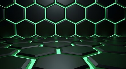 Futuristic hexagonal grid room with glowing green neon lines and dark metallic surfaces