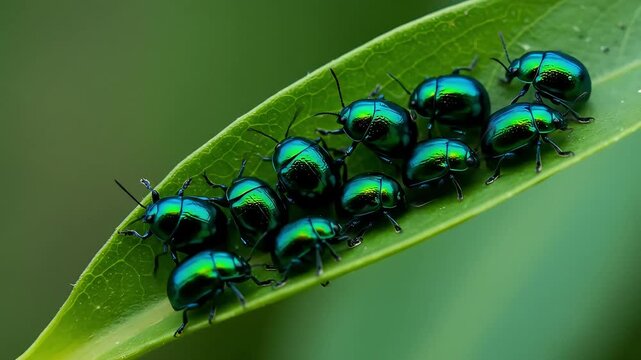 Close-up of emerald beetles on a leaf