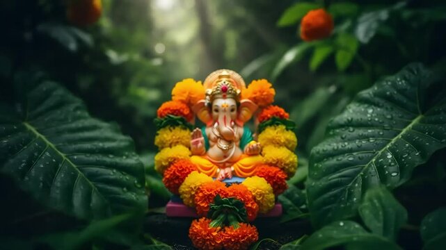 Happy ganesh chaturthi lord ganesha idol adorned with vibrant garlands amid green foliage for a divine and auspicious celebration