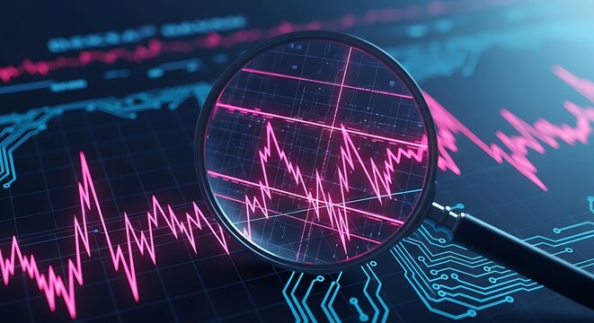 Magnifying glass examining a fluctuating financial stock market graph with digital circuit board patterns