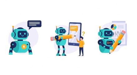 Fototapeta premium Illustrative depiction of automation using robots in communication and data analysis scenarios