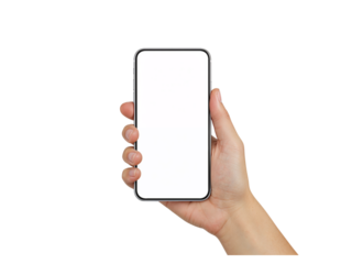 Close up of a person s hand holding a modern smartphone with a blank gray screen isolated on transparent background