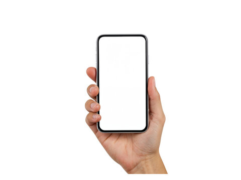 Close up of a human hand holding a modern smartphone with a blank gray screen isolated on transparent background - Powered by Adobe