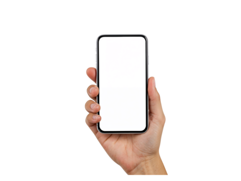 Close up of a human hand holding a modern smartphone with a blank gray screen isolated on transparent background