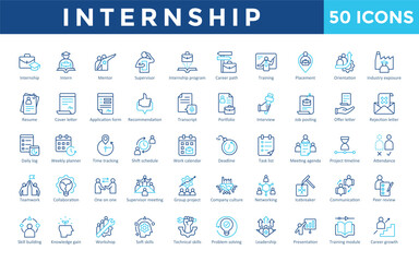 Internship icons set with internship, intern, mentor, supervisor, internship program, career path, training, placement, orientation, industry exposure icon. Simple line color vector 
