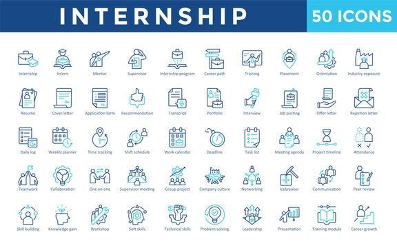 Internship icons set with internship, intern, mentor, supervisor, internship program, career path, training, placement, orientation, industry exposure icon. Simple line color vector 
