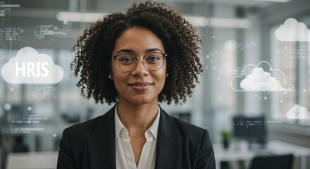 Portrait of a confident female IT specialist implementing a modern HRIS cloud-based system for effective human resources management and business process automation.