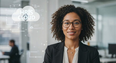 Portrait of a confident African American business woman showcasing an innovative cloud-based HRIS, with digital graphics illustrating streamlined human resources management.