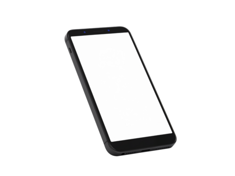 Modern sleek black smartphone with blank grey screen angled slightly on a transparent background isolated on transparent background