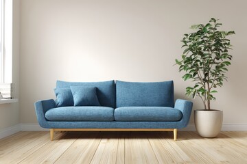 Home Interior with Blue Sofa by Wall, Plant Decor, Window Light, Mockup