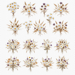 A collection of rustic wildflower bouquets featuring white daisies, purple thistles, and dried grasses.