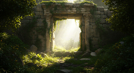 Sunlight pours through an overgrown, forgotten stone portal in an enchanted forest, beckoning towards a hidden world.