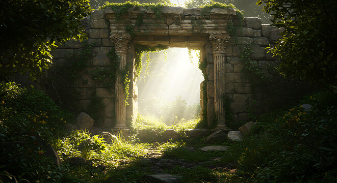 Sunlight pours through an overgrown, forgotten stone portal in an enchanted forest, beckoning towards a hidden world.