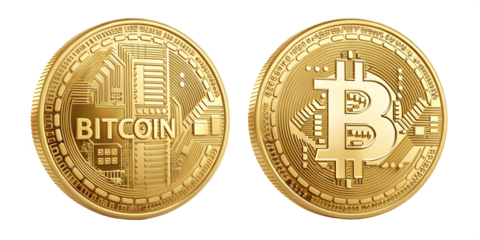 Realistic Shiny Gold Bitcoin Coins with Circuit Patterns on Transparent Background
High-Resolution Digital Illustration of Bitcoin Coins with Intricate Details and Reflections
