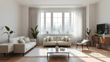 Sunlit modern living room with minimalist Scandinavian furniture, wooden floors, and a large window streaming with natural light.