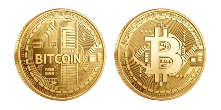 Realistic Shiny Gold Bitcoin Coins with Circuit Patterns on Transparent Background
High-Resolution Digital Illustration of Bitcoin Coins with Intricate Details and Reflections