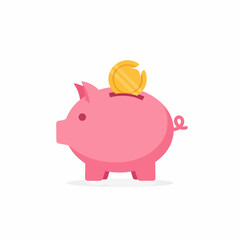 Obraz premium A simple flat illustration of a pink piggy bank with a shiny gold coin being inserted into its slot, symbolizing savings and investment.
