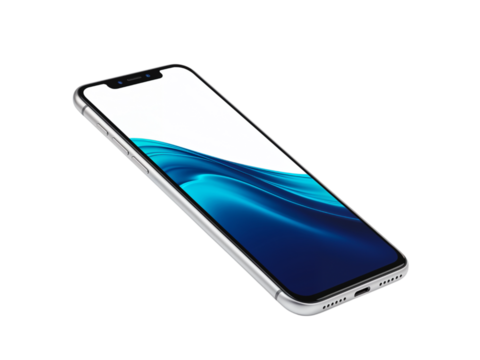 Modern smartphone with a vibrant blue abstract wallpaper displayed on its screen isolated on transparent background - Powered by Adobe